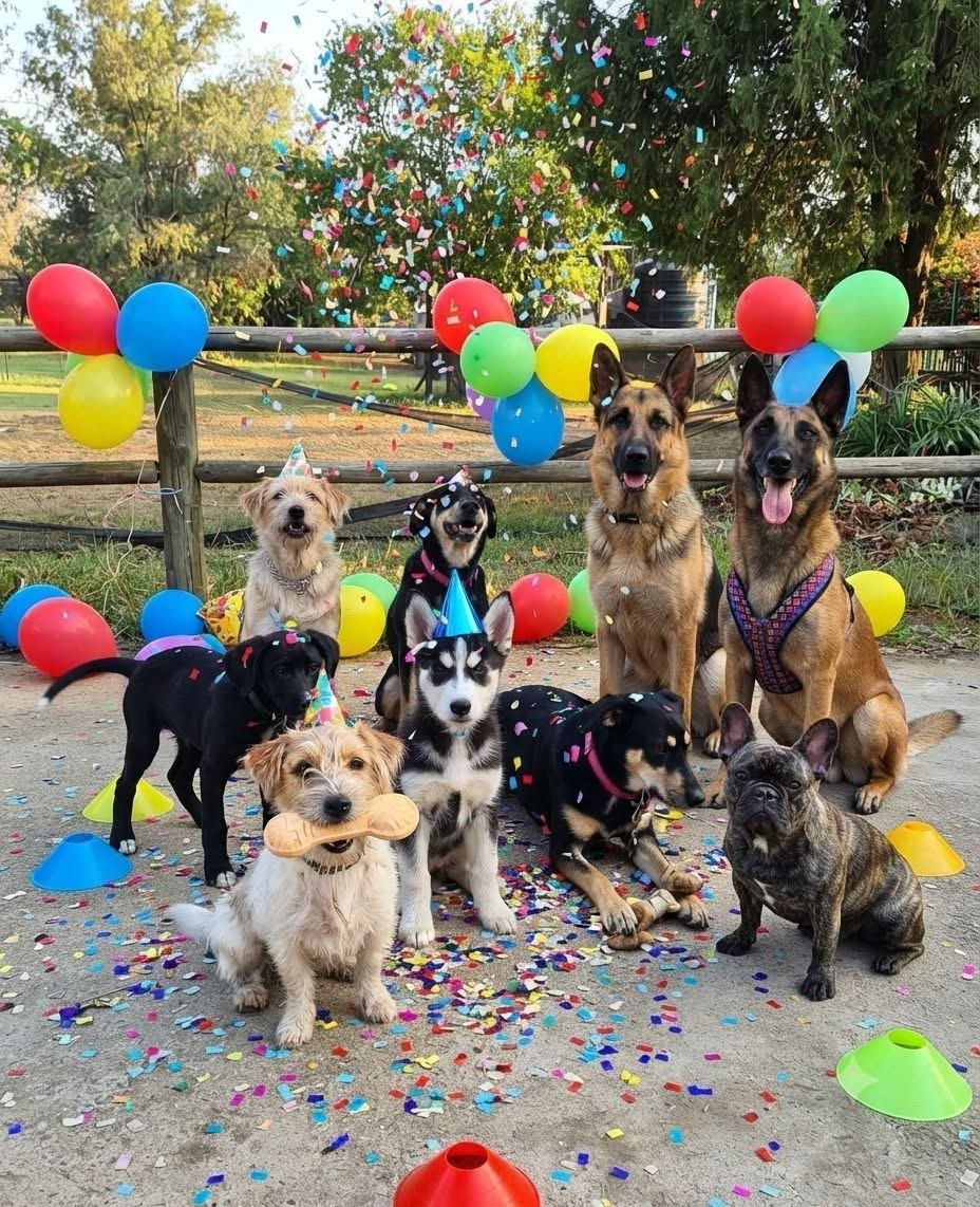 Nine dogs in party hats among balloons and confetti at the school's birthday